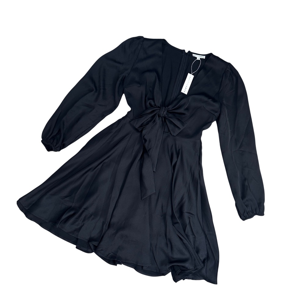 Baltic Born Woodbury Satin Mini Dress Black V-Neck Tie Front Long Sleeve Small - Picture 2 of 16